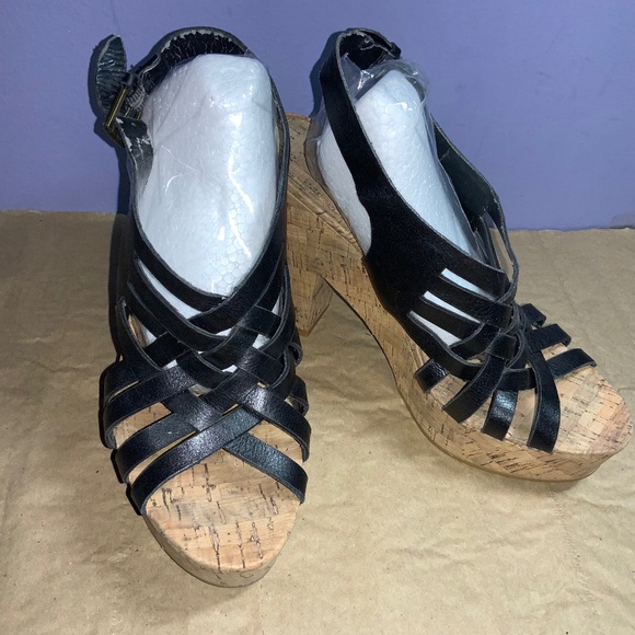 Lauren Ralph Lauren Hallie Black‎ Strappy Leather Sandals Cork Heels Sz 7B - Picture 1 of 6